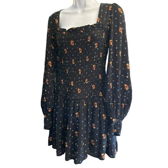 Free People Women's Black Floral Smocked Two Faces Mini Dress Sz Small Y2K Style - Picture 2 of 7
